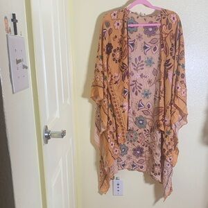 NWT easel Floral Boho Open-Front Cardigan Kimono in Rust Pink and Teal, size M